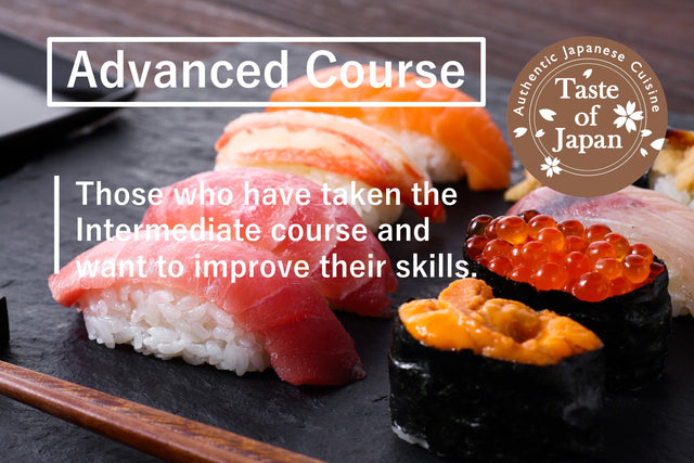 Advanced Course with MAFF Bronze certification: nigiri sushi on a slate board with the Taste of Japan authentic Japanese cuisine seal