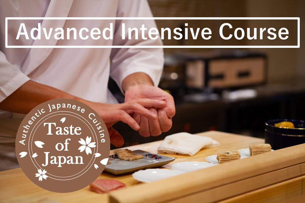 A chef shaping nigiri sushi by hand at a hinoki wood sushi counter, with the Taste of Japan authentic Japanese cuisine seal