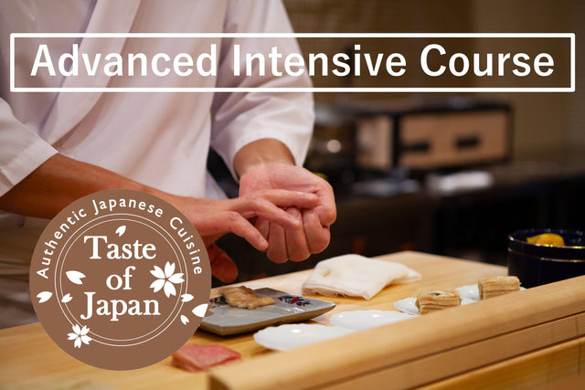 Advanced Intensive Course with MAFF Bronze certification: a chef shaping nigiri sushi, with the Taste of Japan authentic Japanese cuisine seal