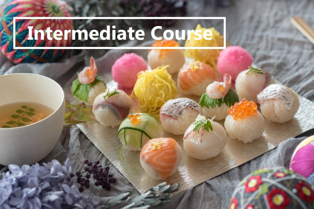 Intermediate Course: a platter of temari sushi balls topped with salmon, scallop, prawn and salmon roe, served with a clear Japanese soup