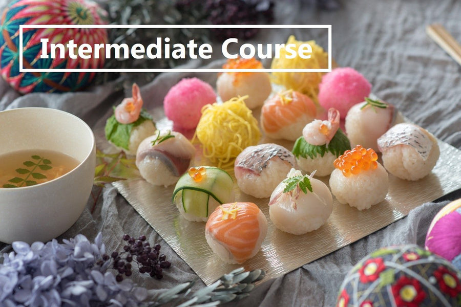 Intermediate Course: a platter of temari sushi balls topped with salmon, tuna and vegetables